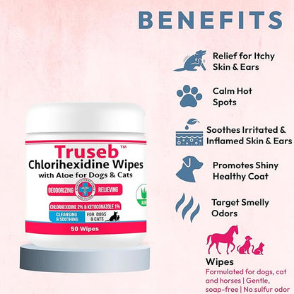 Pet Health Pharma Truseb Topical Ketoconazole and Chlorhexidine Wipes for Dogs, Cats and Horses - with Aloe for Cleansing - 50 Count (Ketoconazole & Chlorhexidine Wipes, 50 Count)