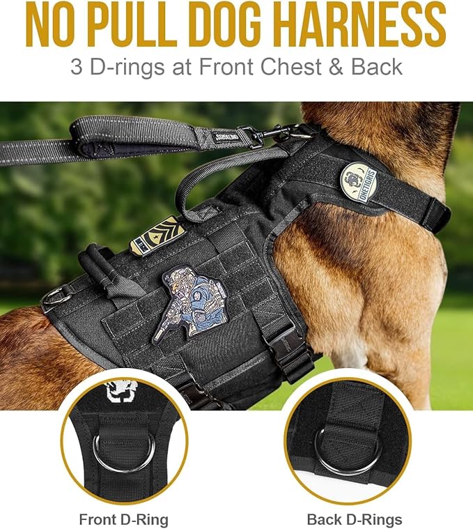 OneTigris Tactical Large Dog Harness, 5X Metal Buckled No Pull Service Dog Harness Vest with Hook & Loop Panels, Military Heavy Duty Dog Vest for Walking Hiking Training
