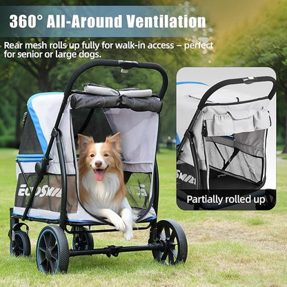 EchoSmile Dog Stroller for Large Dogs, 135lbs Weight Extra Large Pet Stroller, 4 Wheels Cats & Dogs Carrier with Brakes, Breathable Mesh Windows & Pocket, Blue