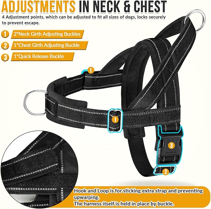 Lukovee No Pull Dog Harness & Leash Set - Heavy Duty Dog Vest Harness with Soft Padded for Medium Large Dogs, Adjustable Reflective Tactical Pet Harness for Easy Walk and Training (M, Black)