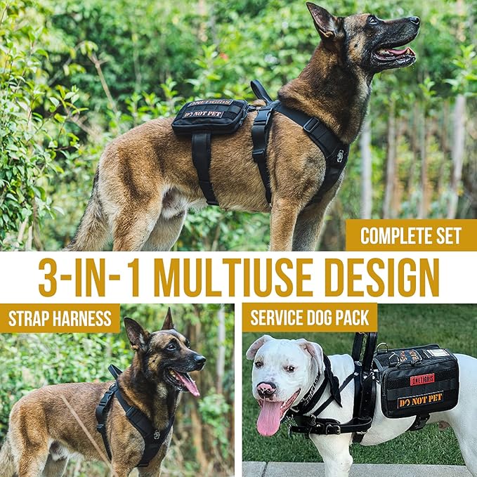 OneTigris Service Dog Vest Harness, Service Dog Cape Guardian Dog Backpack Harness with Pouches Dog Saddle Bag for Small Medium and Large Dogs (Black, M)