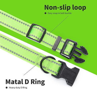 Mile High Life Reflective Dog Collar, Basic Dog Collars Adjustable Quick Release, Soft Nylon Pet Collar with Metal D-Ring for Small Medium Large Dogs (Lime, L Neck15-19")