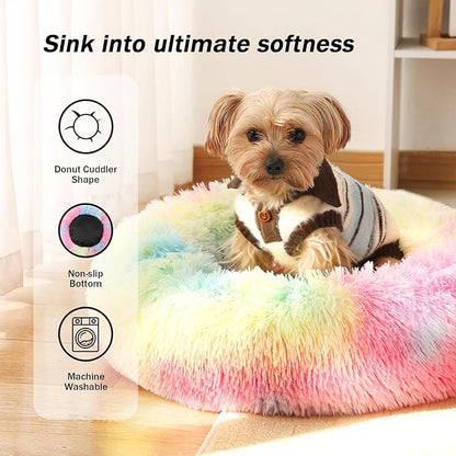 NOYAL Calming Donut Dog Bed for Small to Medium Dogs & Cats - Plush Faux Fur Anti-Anxiety Pet Bed with Machine Washable Cover & Non-Slip Base
