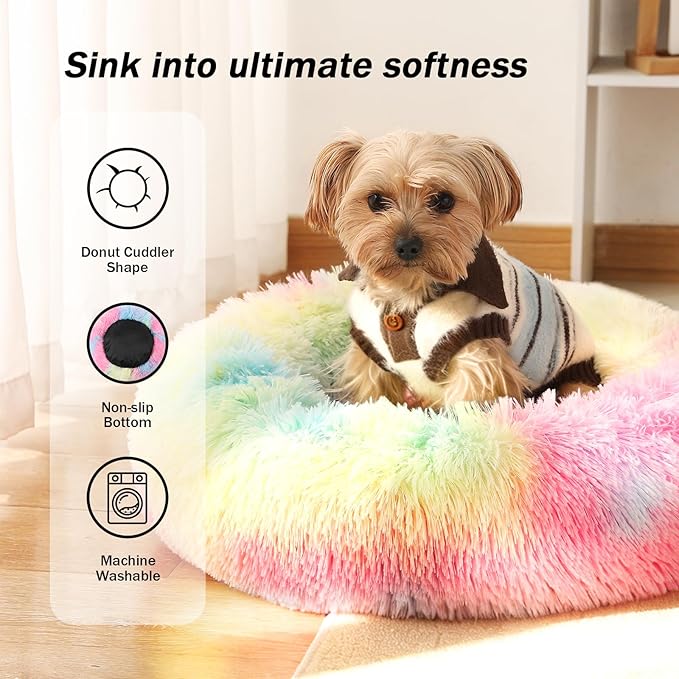 NOYAL Calming Donut Dog Bed for Small to Medium Dogs & Cats - Plush Faux Fur Anti-Anxiety Pet Bed with Machine Washable Cover & Non-Slip Base