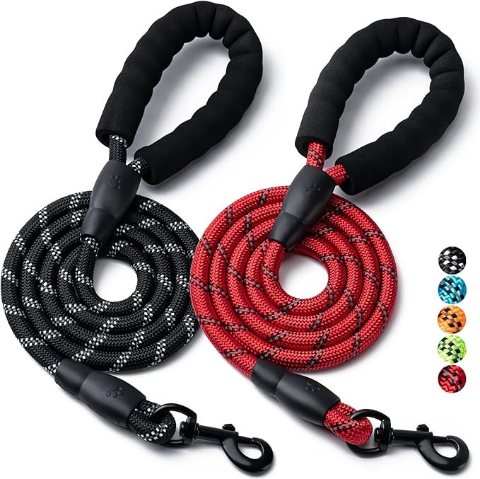 2 Pack Dog Leash, 4/5//6 FT Heavy Duty Nylon Rope Pet Leashes with Comfortable Padded Handle, Reflective Dog Leashes for Small Medium and Large Dogs (6FT-3/8,Black/Red)