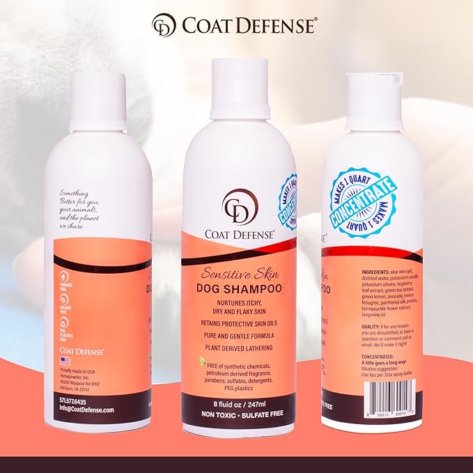 COAT DEFENSE Sensitive Skin Dog Shampoo | Hypoallergenic Dog Shampoo for Allergies, Itching & Odor | Gentle Shampoo for Dogs for Dogs | 8 oz Concentrate to 32 oz