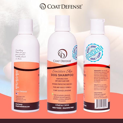 COAT DEFENSE Sensitive Skin Dog Shampoo | Hypoallergenic Dog Shampoo for Allergies, Itching & Odor | Gentle Shampoo for Dogs for Dogs | 8 oz Concentrate to 32 oz