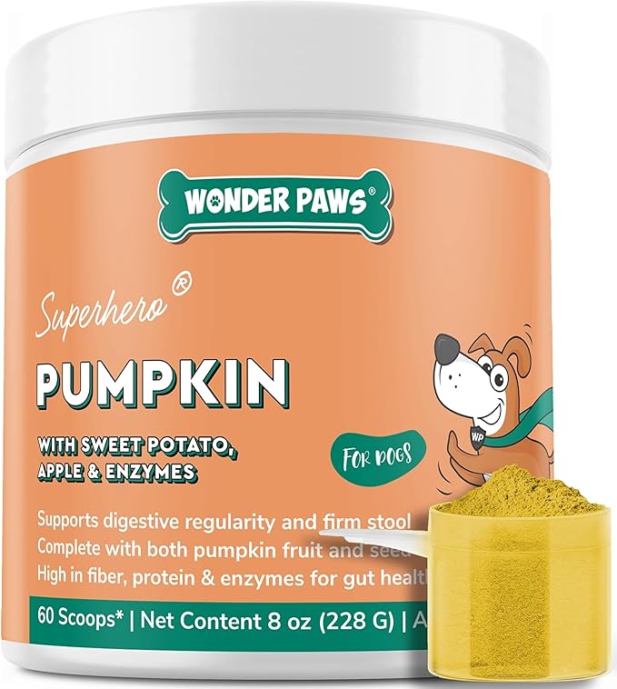 WONDER PAWS Organic Pumpkin for Dogs – with Apple, Sweet Potato & Enzymes – Supports Digestion, Stool & Gut Health – Use as Fiber Topper or Mix with Water for Pumpkin Puree