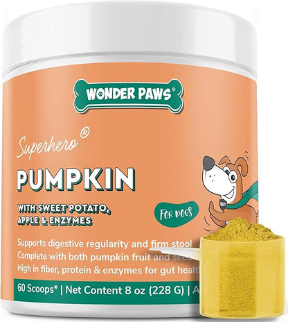 WONDER PAWS Organic Pumpkin for Dogs – with Apple, Sweet Potato & Enzymes – Supports Digestion, Stool & Gut Health – Use as Fiber Topper or Mix with Water for Pumpkin Puree