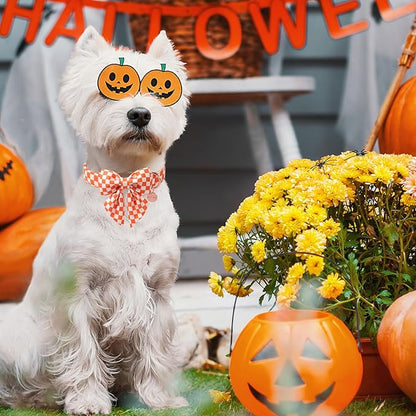 Fall Dog Collar with Bow Tie, Orange Plaid Bowtie Dog Collar, Autumn Bowtie Collars for Puppy Boy Girl Dogs, Comfortable Cotton Dogs Collars with Metal Buckle