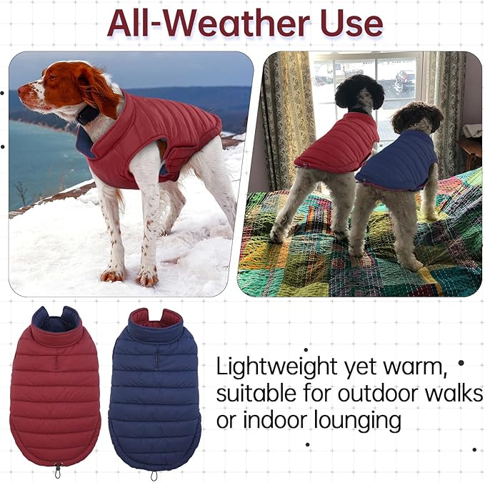 Lelepet Reversible Dog Coat Waterproof Dog Jacket Windproof Puffer Vest for Winter Warm Lightweight Coats for Large Dogs Adjustbale Hook & Loop Pet Apparel with Leash Hole, Boxer, Weimaraner, 2XL