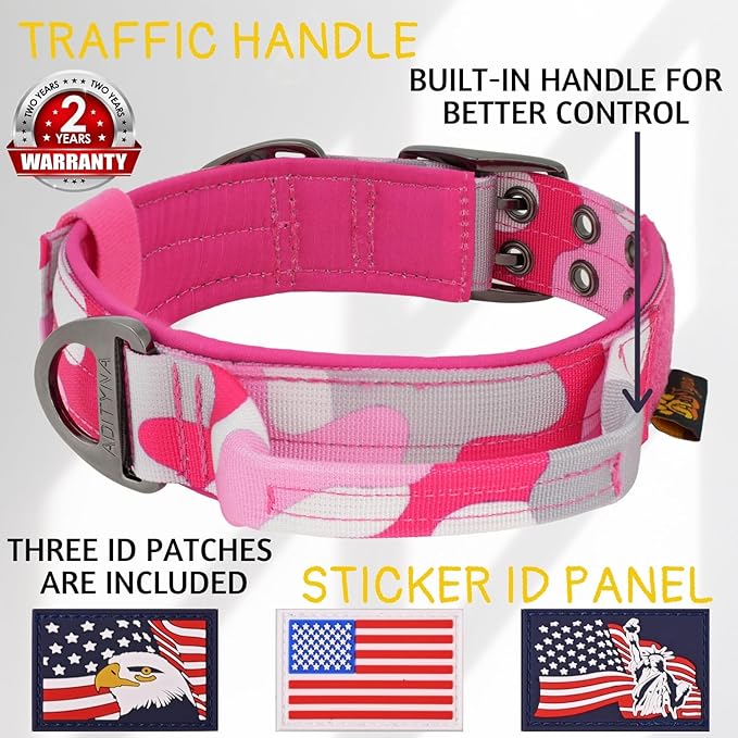 ADITYNA Heavy Duty Dog Collar for Medium Dogs - Camo Pink Collar with Handle for Training, and Walking - Wide, Thick, Tactical, Soft Neoprene Padded