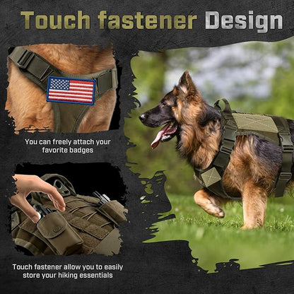 Tactical Dog Harness for Large Dogs, Adjustable No Pull Service Dog Vest Suitable for Training, Walking and Traveling, Easy Control Pet Harness, Army Green, L