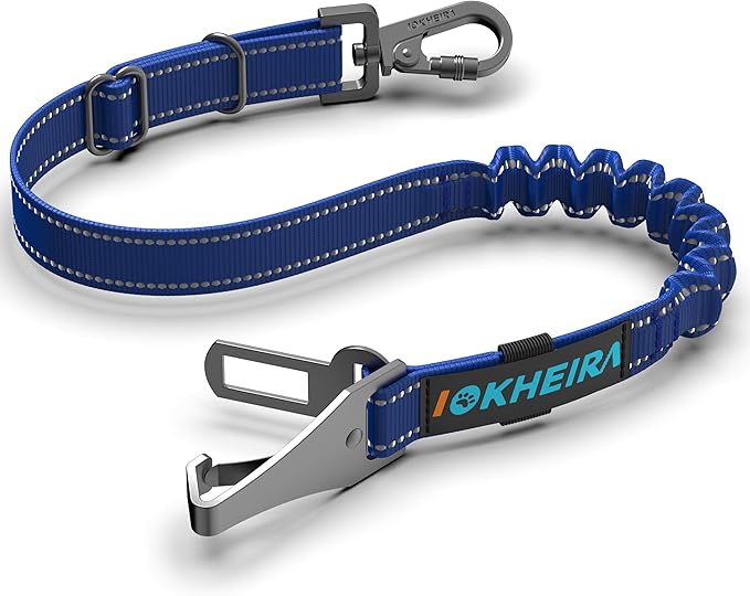 IOKHEIRA Dog Seat Belt 3-in-1 Car Harness for Pets Adjustable Safety Seatbelt Nylon Reflective Bungee Fabric Dog Car Harness with Clip Hook Latch & Buckle, Swivel Zinc Alloy Carabiner (Bule)
