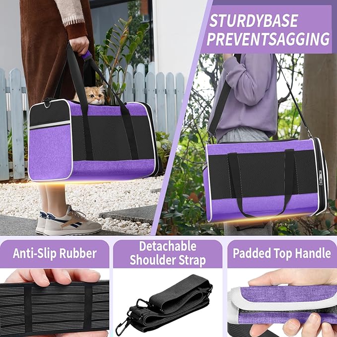 GAPZER Pet Carrier for Large Cat 20 lbs+ / Soft Sided Small Dog 12 Pounds Travel Crate Top Load/Collapsible Kitty Carry Bag Big Kitten Mesh/Sturdy Animal Transport cage Kennel Long Trips Purple
