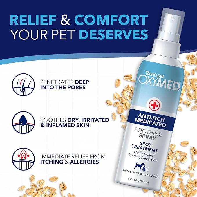TropiClean OxyMed Hot Spot Treatment for Dogs, Medicated Dog Itching Skin Relief Spray, Anti-Itch Spray Quickly Soothes Skin Irriration, Alleviate Scratching, Chewing & Licking, Safe for Cats, 8oz
