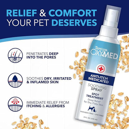 TropiClean OxyMed Hot Spot Treatment for Dogs, Medicated Dog Itching Skin Relief Spray, Anti-Itch Spray Quickly Soothes Skin Irriration, Alleviate Scratching, Chewing & Licking, Safe for Cats, 8oz