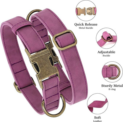Didog Soft PU Leather Dog Collar, Stylish Quick Released Dog Collars for Large Dogs, Easy Clean Adjustable Pet Collar for Daily Walking, Purple, XL Fit 17-27" Neck