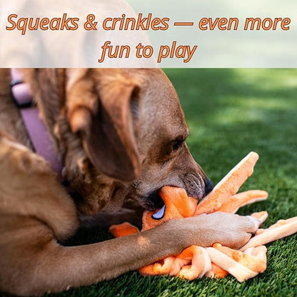 Orange Octopus Dog Toy – Squeaky & Crinkle Plush – No Stuffing Toy for Small Medium Large Dogs Puppies & Seniors – Interactive Safe Soft Toy for Tug Fetch Play – Tail Town