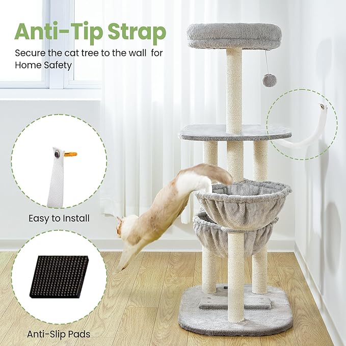 Small Cat Tree Tower with Scratching Post Condo Indoor - 42 Inch Cats Bed Hammock Perch for 2 Corner Cats Large Adult - Medium Short Compact Multi Level Cat House - Tall Climbing Gym Towers Furniture