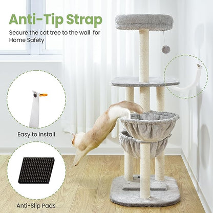Small Cat Tree Tower with Scratching Post Condo Indoor - 42 Inch Cats Bed Hammock Perch for 2 Corner Cats Large Adult - Medium Short Compact Multi Level Cat House - Tall Climbing Gym Towers Furniture