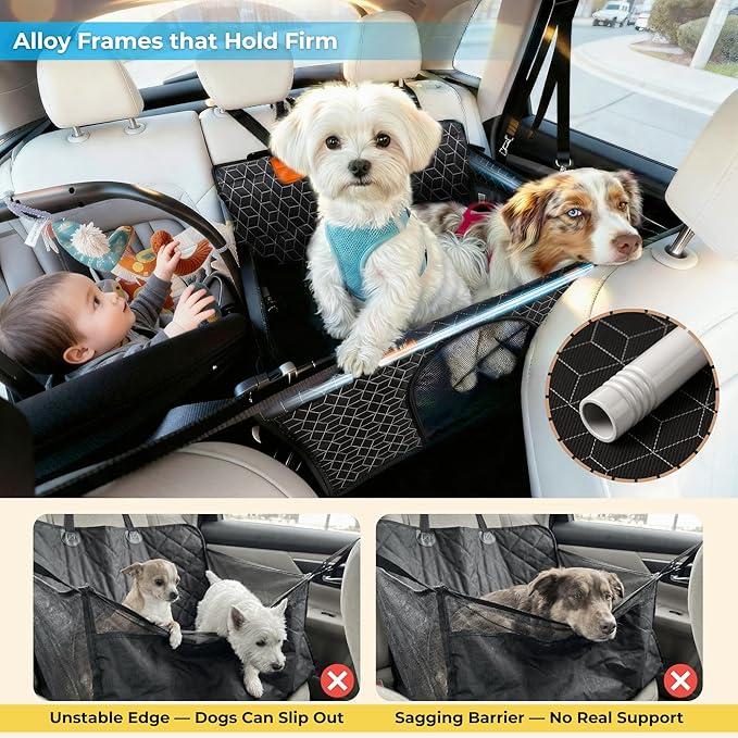 Dog Car Seat for Large Medium Dogs | Waterproof Half Hammock Back Seat Extender for Dogs with Hard Bottom | Alloy Twist-Lock Rods | 3 Mesh Windows | Removable Fleece Mat | Cars, SUVs, Trucks