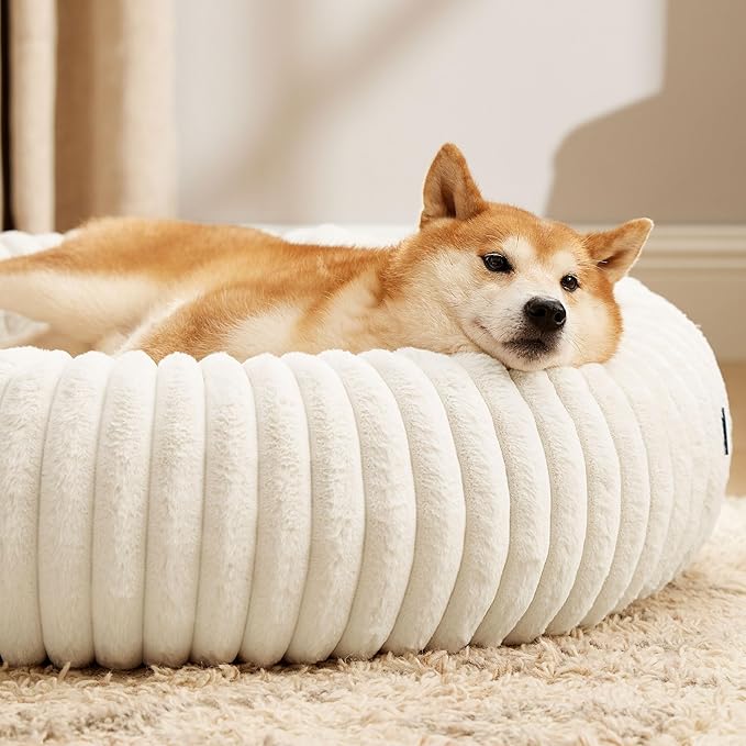 Bedsure ComfyFleece Donut Large Dog Bed - Washable Faux Fur with Corduroy Fleece & Anti Slip Bottom, Round Pet Bed with Removable Cover, Cream, 36x36x8 inches