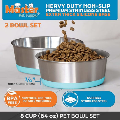 Master Pet Supply Stainless Steel Dog Bowls Set of 2 with Extra Thick Silicone Base - 8 Cup (64 oz) Aqua Sky, Non-Slip, Dishwasher Safe Metal Bowls, Pet Dog Food Bowl for Dogs, Cats, Anti Rust