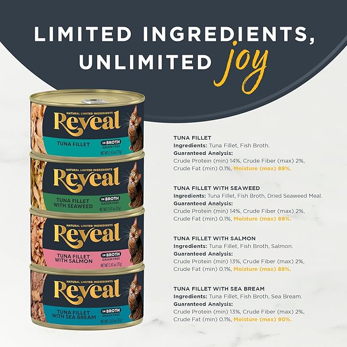 Reveal Natural Wet Canned Cat Food, 4-Flavor Variety Pack, Limited Ingredient, Grain Free, High Protein with No Artificial Additives, Fish Variety in Broth (20 x 2.47 oz Cans)