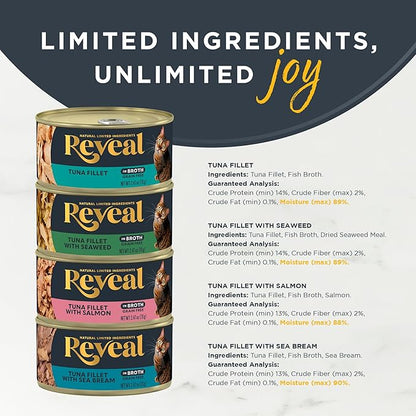 Reveal Natural Wet Canned Cat Food, 4-Flavor Variety Pack, Limited Ingredient, Grain Free, High Protein with No Artificial Additives, Fish Variety in Broth (20 x 2.47 oz Cans)