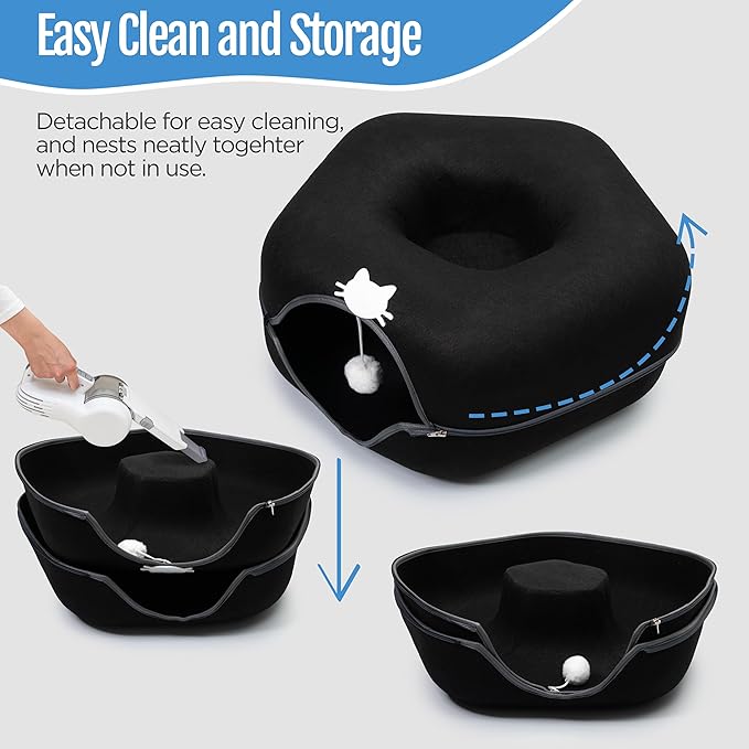 Meow Mansion Hexagon Cat Cave Donut Bed - for Medium and Small Size Cats - 3 Toy Balls & Hanging Ball Included - Scratch Resistant, Detachable and Cleanable Heaxgon Bed