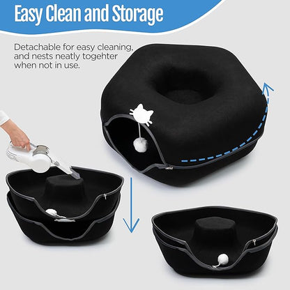 Meow Mansion Hexagon Cat Cave Donut Bed - for Medium and Small Size Cats - 3 Toy Balls & Hanging Ball Included - Scratch Resistant, Detachable and Cleanable Heaxgon Bed