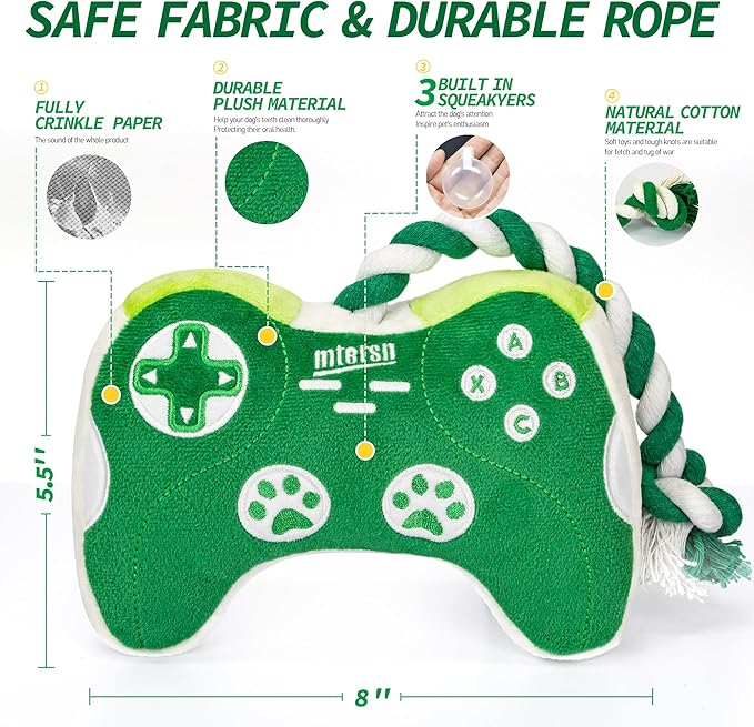 MTERSN Squeaky Dog Toys : Interactive Dog Plush Toy with Full Crinkle Paper and Cute Puppy Chew Toys with Rope - Funny Gaming Controller Shape Dogs Birthday Gift (Green)