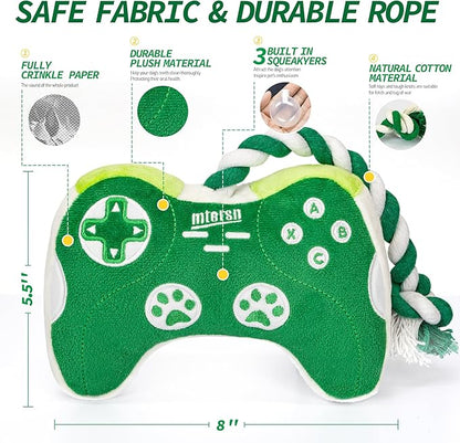 MTERSN Squeaky Dog Toys : Interactive Dog Plush Toy with Full Crinkle Paper and Cute Puppy Chew Toys with Rope - Funny Gaming Controller Shape Dogs Birthday Gift (Green)