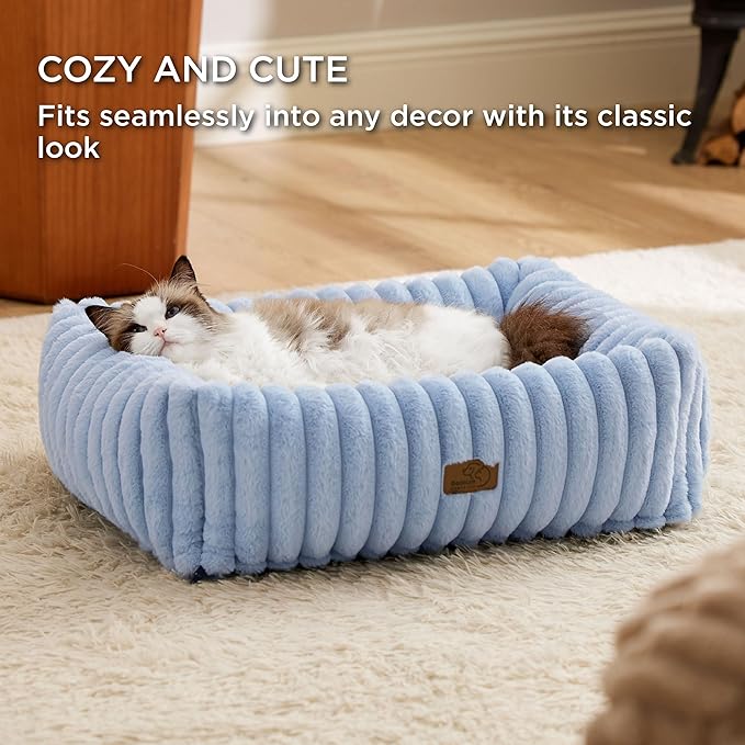 Bedsure ComfyFleece Washable Dog Bed for Medium Dogs - Cute Furry Puppy Beds, Rectangle Orthopedic Corduroy Fleece Pet Beds with Removable Zipper Cover, 20x19x6inches, Blue