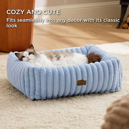 Bedsure ComfyFleece Washable Dog Bed for Medium Dogs - Cute Furry Puppy Beds, Rectangle Orthopedic Corduroy Fleece Pet Beds with Removable Zipper Cover, 20x19x6inches, Blue