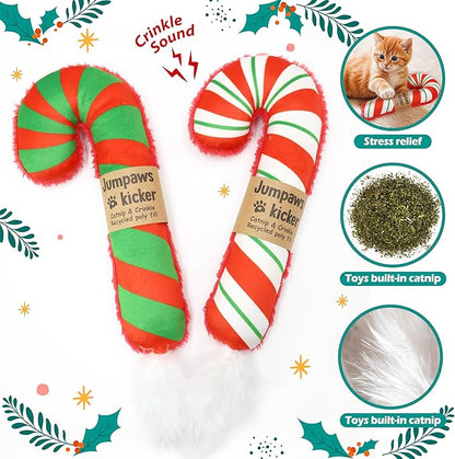 Jumpaws 2 Pack Natural Interactive Catnip Cat Kicker Toys, Bite Resistant Chew Toy, Accessories for Indoor Cat, Christmas Candy Cane