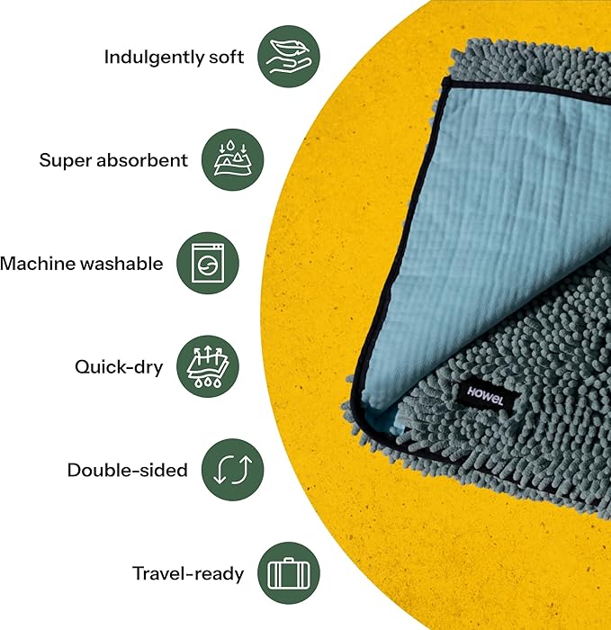 HOWEL Throw Down Towel for Drying Dogs, 43" x 35", Ultra Absorbent Microfiber, Quick-Drying, Double-Sided Suede Chenille, Machine Washable, Soaks Over 2L, Grey Dog Bath Mat Towel