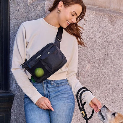 Cleverpup, Dog Walk & Train Sling Bag - Hands-Free 2-In-1 Treat Pouch, Poop Bag Holder, Clicker, Phone Pocket - Crossbody/Fanny Pack, Adjustable Strap - Graphite