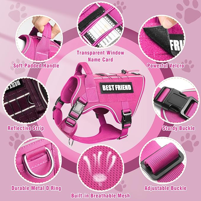 Tactical Dog Harness Medium Sized Dog,No Pull Military Dog Vest with Handle,Reflective Heavy Duty Pet Harness for Walking Hiking Training Pink M