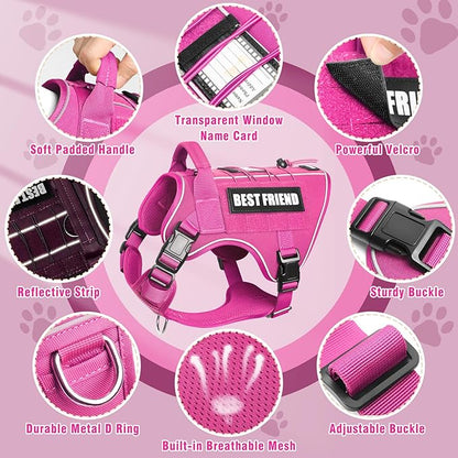 Tactical Dog Harness Medium Sized Dog,No Pull Military Dog Vest with Handle,Reflective Heavy Duty Pet Harness for Walking Hiking Training Pink M
