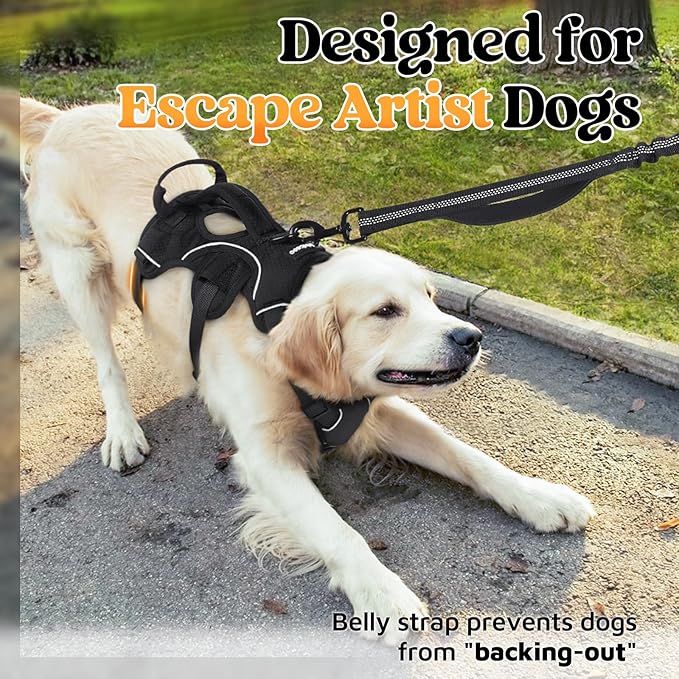rabbitgoo Escape Proof Dog Harness, Soft Padded Full Body Pet Harness, Reflective Adjustable No Pull Vest with Lift Handle and Leash Clip for Large Dogs Walking Hiking Training, L, Black