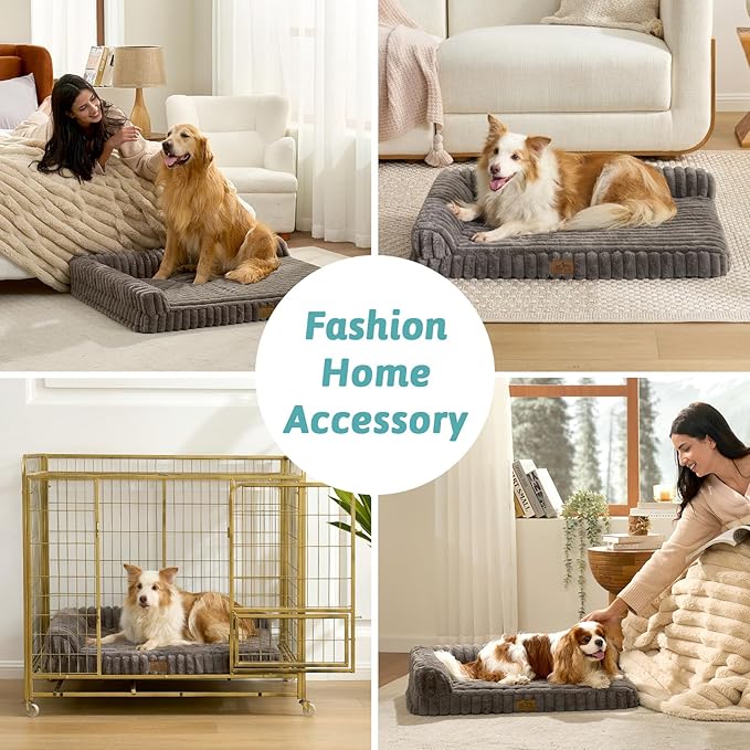 Cute Dog Bed, Faux Rabbit Fur Orthopedic Foam Dog Bed with Sides, Removable Washable Cover & Waterproof Lining, Comfortable Pet Couch for Small Dogs, Grey (30" L x 20" W x 6" Th)