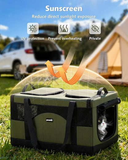 Pecute Large Cat Carrier for 2 Cats Built-in Steel Frame & Removable Divider,Pet Carrier for Car Travel,Foldable Dog Crate,Soft Double Cat Crate with Breathable Mesh,Vet,Green