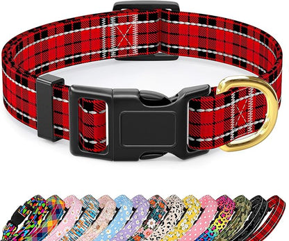 Reflective Dog Collar for Small Dogs, Cute Boho Adjustable Heavy-Duty Nylon Puppy Collar for Boy and Girl Female, Soft Pet Accessories with Quick Release Buckle, Black Red Tartan