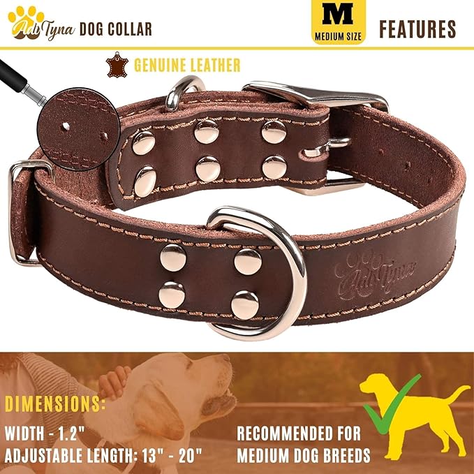ADITYNA Heavy Duty Leather Dog Collar for Medium Dogs - Soft and Strong Collar for Walking, Training, Hiking, and Running (Medium: Fit 13" - 20" Neck, Brown)