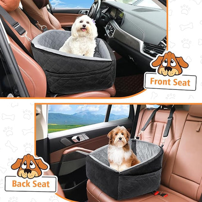 NEEZUKAR Dog Car Seat for Small Dogs,Detachable Washable Dog Booster Seat Under 30lbs, Pet Car Seat Travel Bed with Storage Pockets and Dog Safety Belt (Black/Grey)