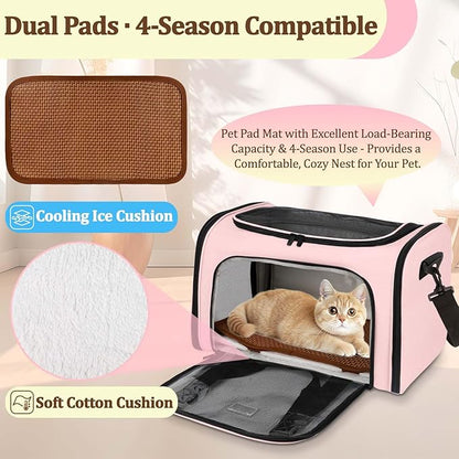 DSDCDJ Cat Carrier Dog Carrier - Soft-Sided Cat Carrier with Plush Pad & Cooling Mat, Easy-Load 4-Side Zipper & 3-Side Mesh Ventilation, Pet Carrier Airline Approved for Cats/Dogs Up to 20 lbs, Pink