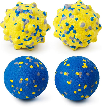 Moonorange Dog Tennis Balls for Aggressive Chewers, Indestructible Durable Bouncy Interactive Toy for Dogs Fetch Game Lightweight Floating Outdoor Training(2 Yellow Point+ 2 Blue Cirle Medium)