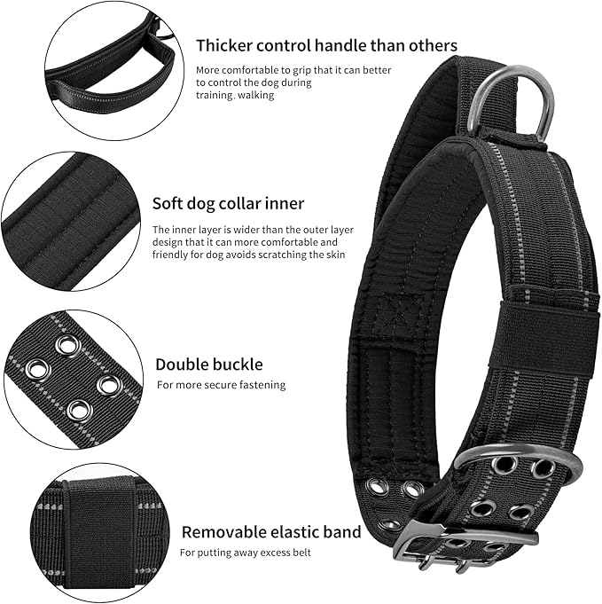 Annchwool Tactical Dog Collar for Medium and Large Dog,Adjustable Military Dog Collar with Soft Padded Handle,Heavy Duty Double Buckle Design(Black,M)